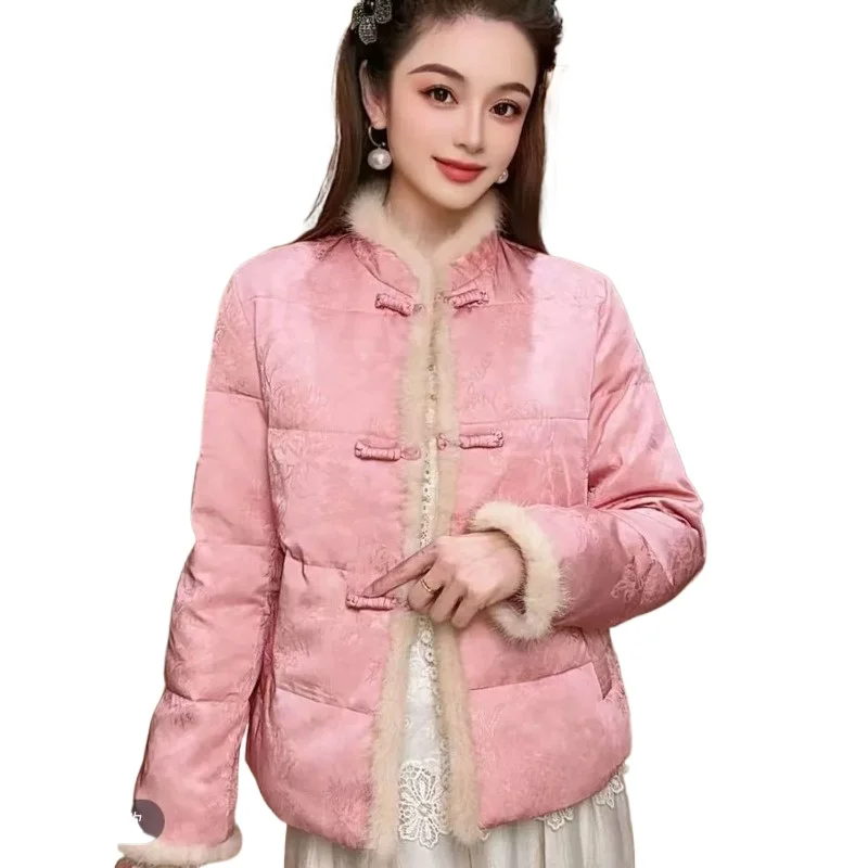 

Женское зимнее зарубежное теплое темпераментное пальто с меховым воротником, укороченный топ 2026, утепленная плюшевая стеганая куртка с меховым воротником, хлопковая одежда