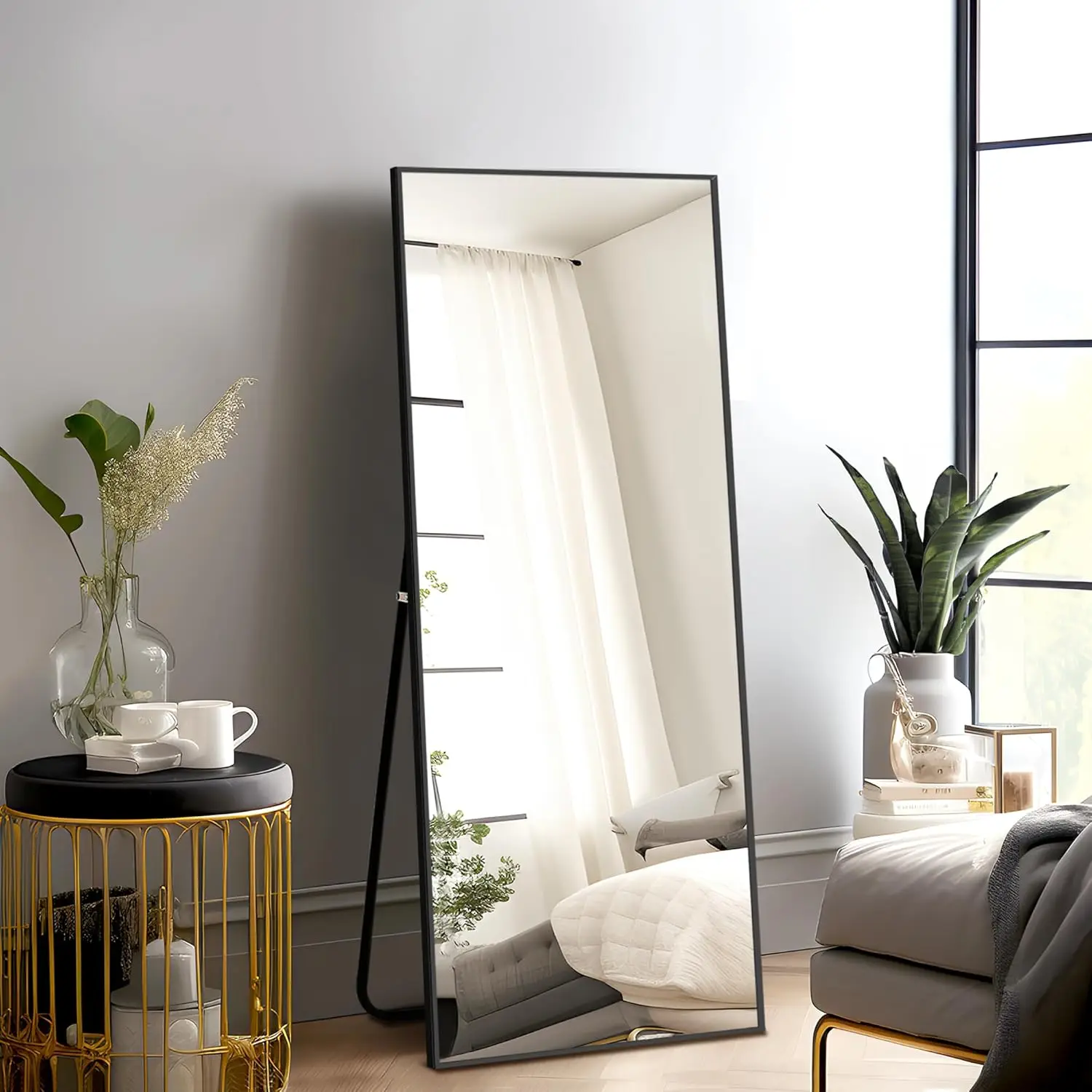 Full Length Mirror with Stand, 56"x19" Aluminum Alloy Frame Floor Mirror, Black, Shatter-Proof Glass - Free Standing, Leaning