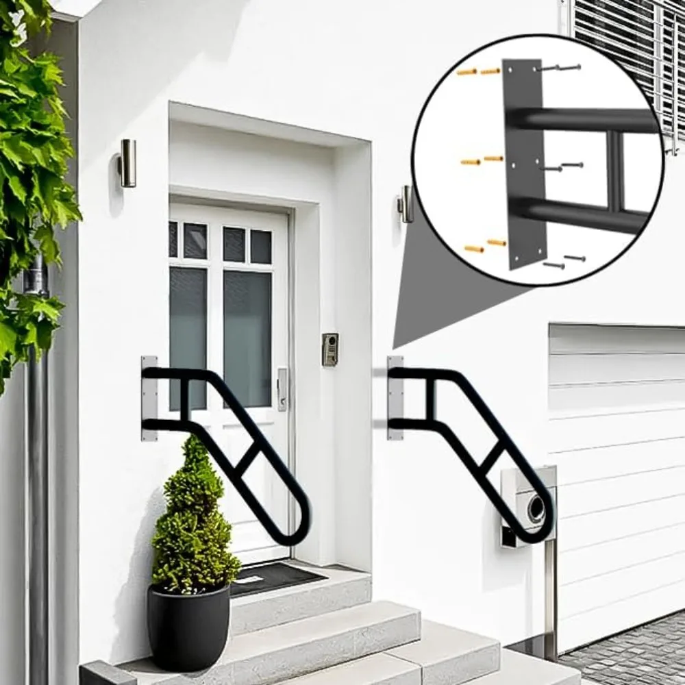 درابزين الدرج الخارجي - عبوتان، لمسة نهائية سوداء غير لامعة، قضبان أمان مثبتة على الحائط لـ 1-3 خطوات