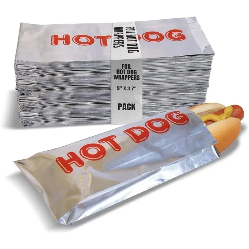 B97A-Foil Hot Dog Wrappers, Insulated Grease Disposable Hot Bag Sleeves, 240X90x40mm, Foil Paper Hot Dog Bags, 100PCS