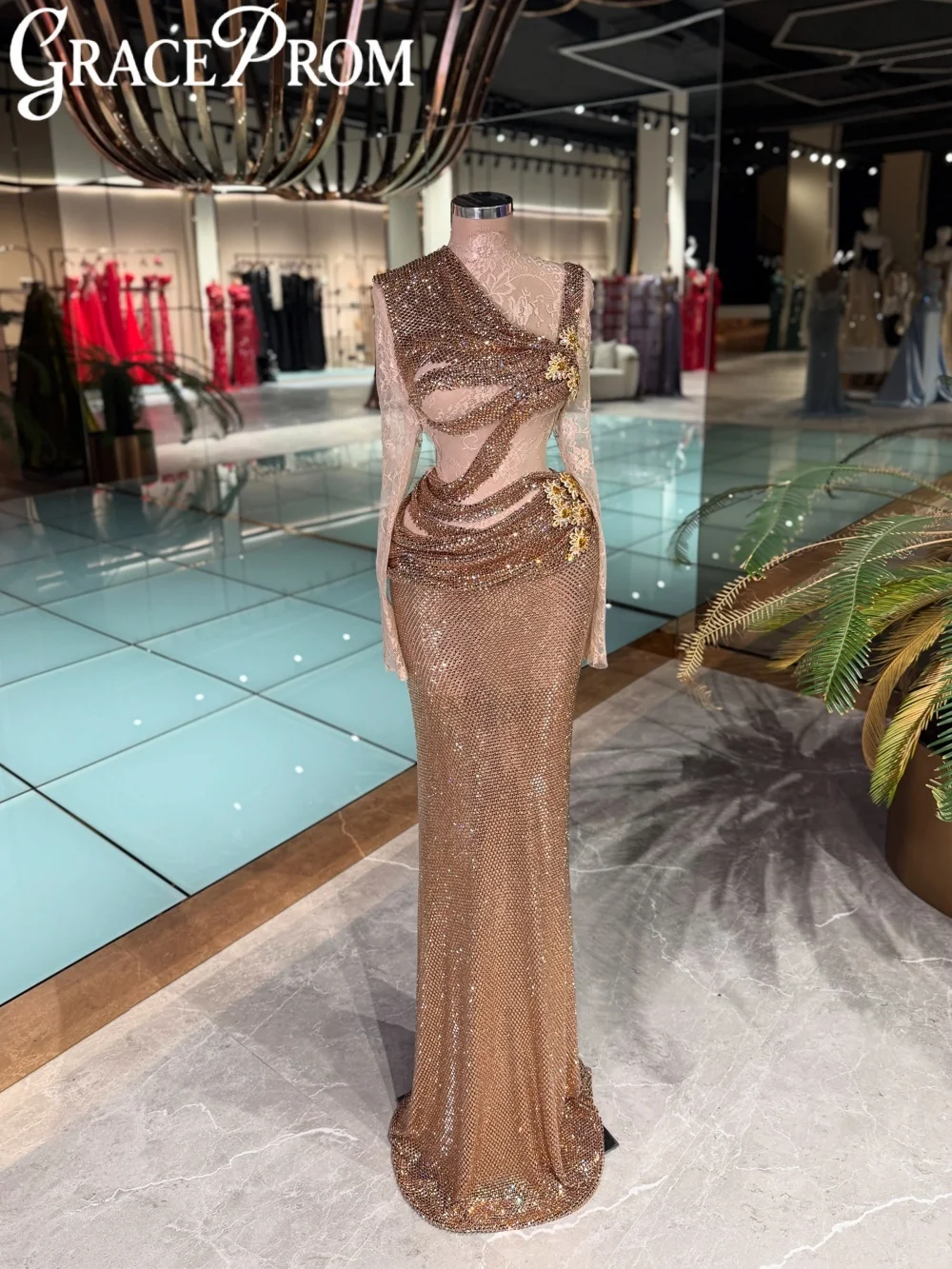 

Asymmetric Neckline Luxurious Crystal Evening Dress Glamorous Straight Long Wedding Party Gown Customized Chic Banquet Gowns