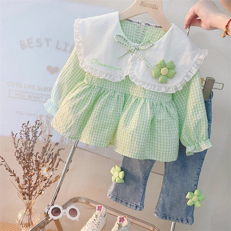 Baby Girls Clothing Sets 2022 Autumn Kids Outfits Toddler Infant Lace Floral Tops Jeans 2 Pcs Suit Children Princess Clothes