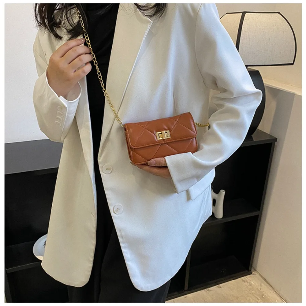 Simple Chain Pure Color Small Square Bag Metal PU Messenger Bag Crossbody Bag