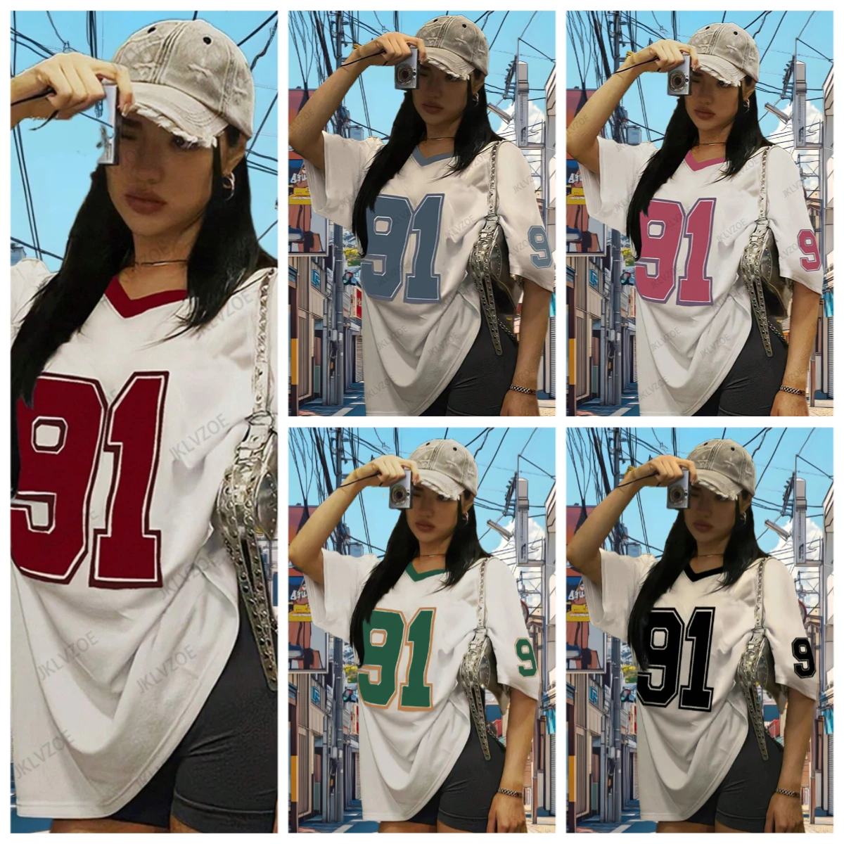 

2025/26 Summer New Retro No.91 Printed T-Shirt for Women V-Neck Short Sleeve Sports Football Jersey Y2K Loose Oversized Tops
