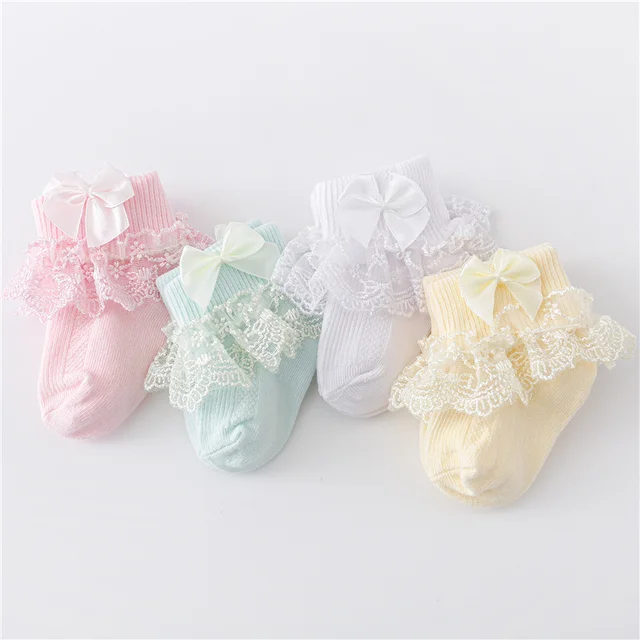 Lawadka 4Pairs/lot Newborn Baby Socks For Girls Cotton Lace Infant Girls Sock Princess Bow Toddler Baby Girls Socks Spring 0-24M