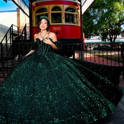 Emerald Green Sequin Quinceanera Dresses Ball Gown Birthday Party Dress Lace Up Graduation Gown Off The Shoulder vestidos 15 de