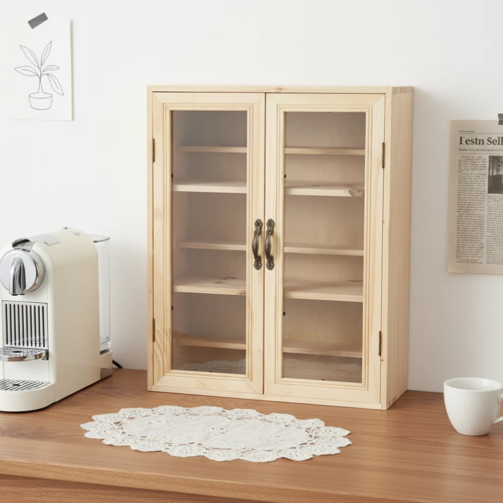 Solid Wood 6-Tier Display Cabinet with Double Transparent Doors & Detachable Step Riser Dustproof Desktop Showcase for Blind Box Figurines Miniature Collectibles Home Decor