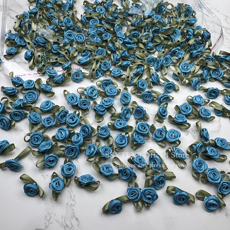 Fleur de Rose faite à la main avec feuilles vertes, 3cm, accessoires artisanaux en ruban de Satin pour robe de soirée, robes de soirée, bricolage D