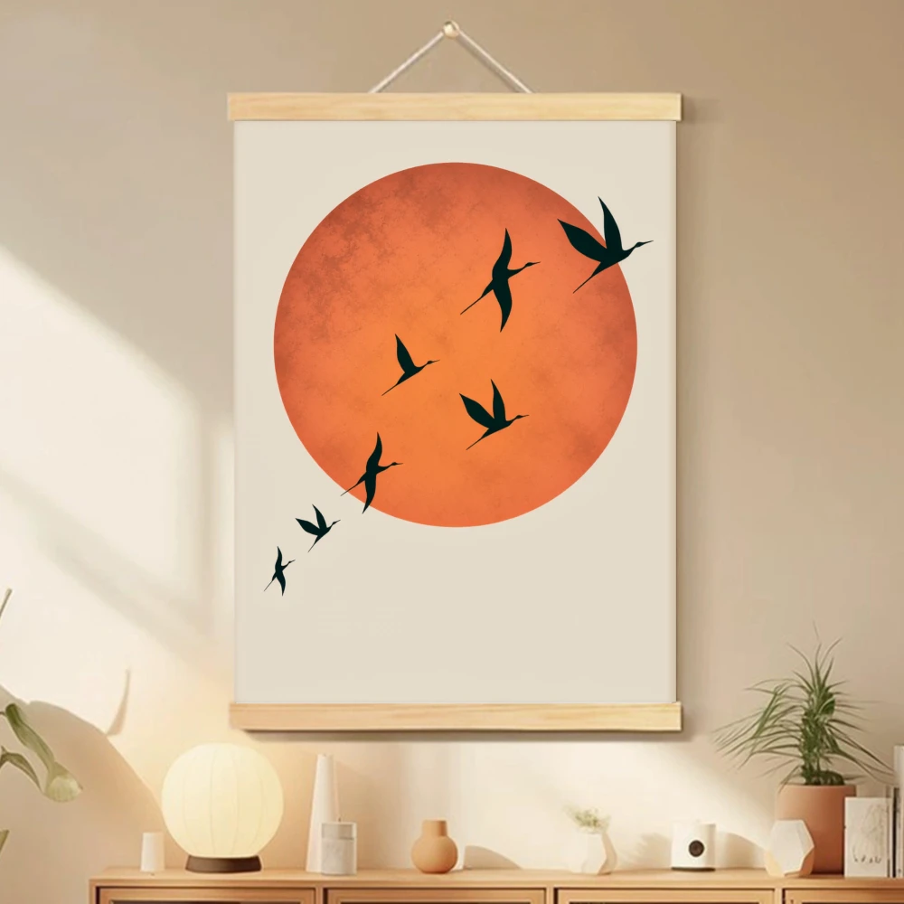 1 unidad de pintura en lienzo con rollo de madera de sol y pájaros naranja quemado minimalista moderno, impresiones de carteles, pintura abstracta para decoración de pared de aviación