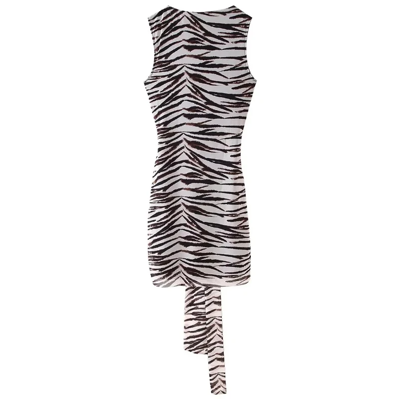 Traf Animal Print Tier kleider Damen O-Ausschnitt ärmellose Sommerkleider 2024 Sommer Mini Slim Fit Schnür kleid Strand kleid