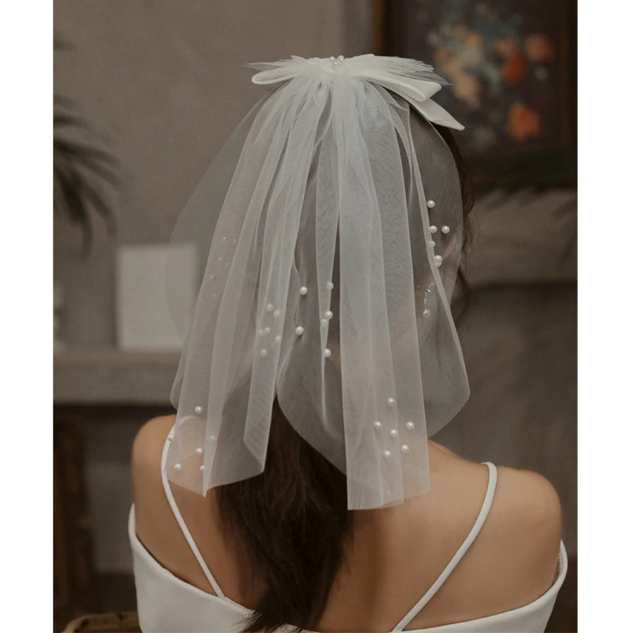 New Arrival Ivory Short Bridal Veils Bow with pearl veil Bride Wedding accessories Velos de novia Wedding veils Voile de mariée