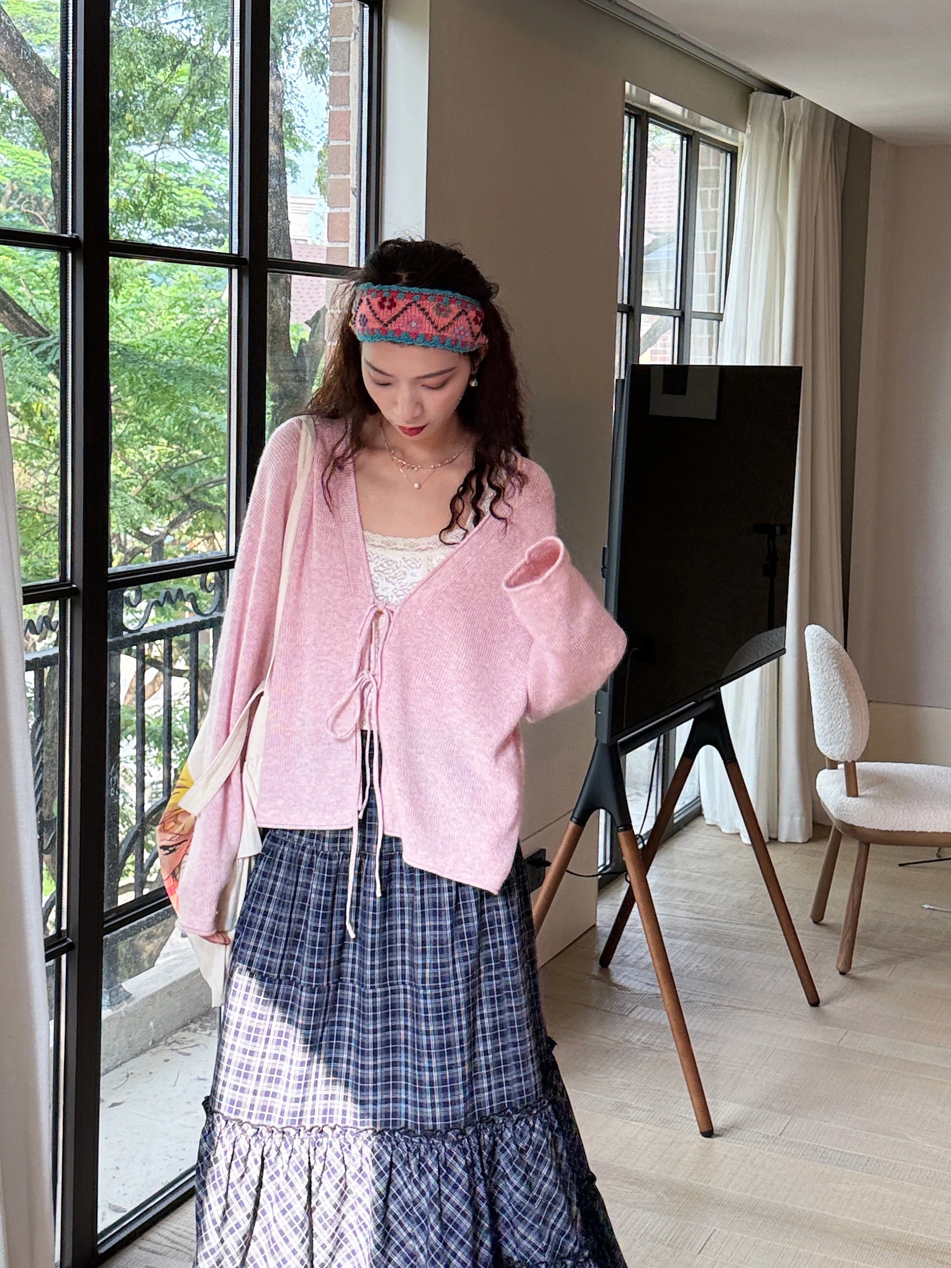 

nk Knitted Open Cardigan Sweater with Bow Tie Soft Rabbit Velvet Loose Fit Long Sve V-Ne Women's Autumn Wear