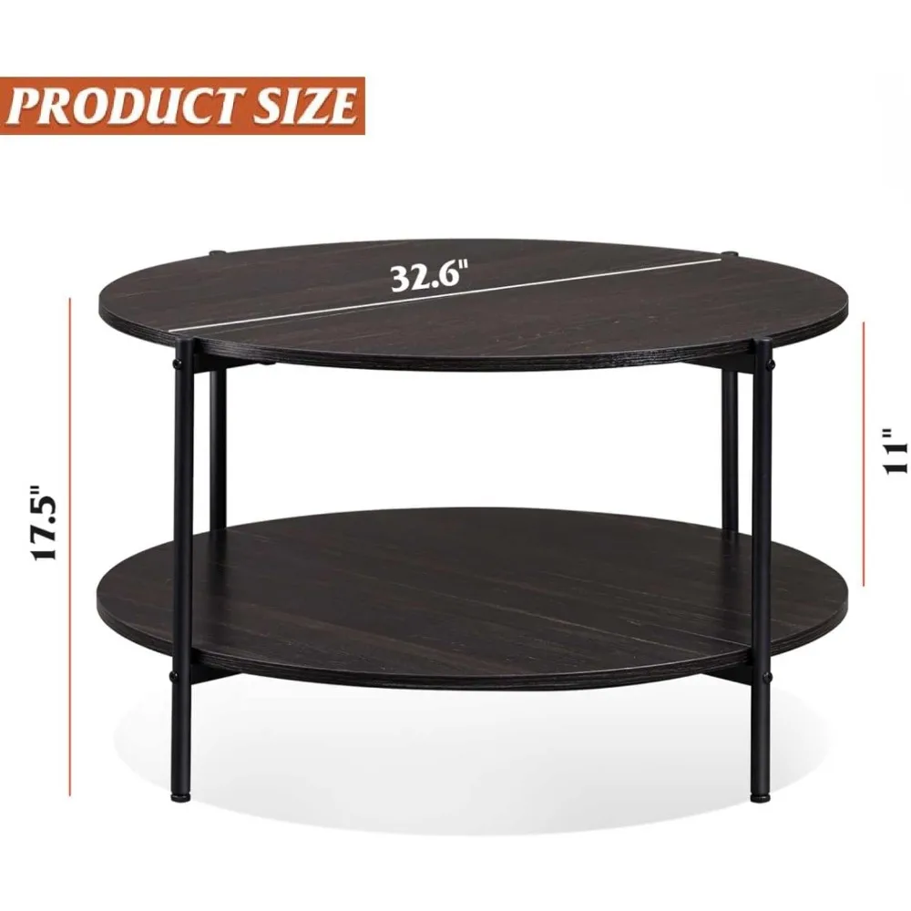 Industrial Style 2-Tier Round Coffee Table with Open Storage Shelf for Living Room, 32.6 Small Space-Saving Wooden Centerpiece