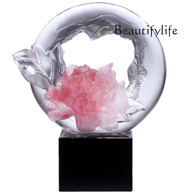 

Glass Art Peony Flower Decoration Light Luxury High-End Office Desk Surface Panel Decorative Housewarming Gift