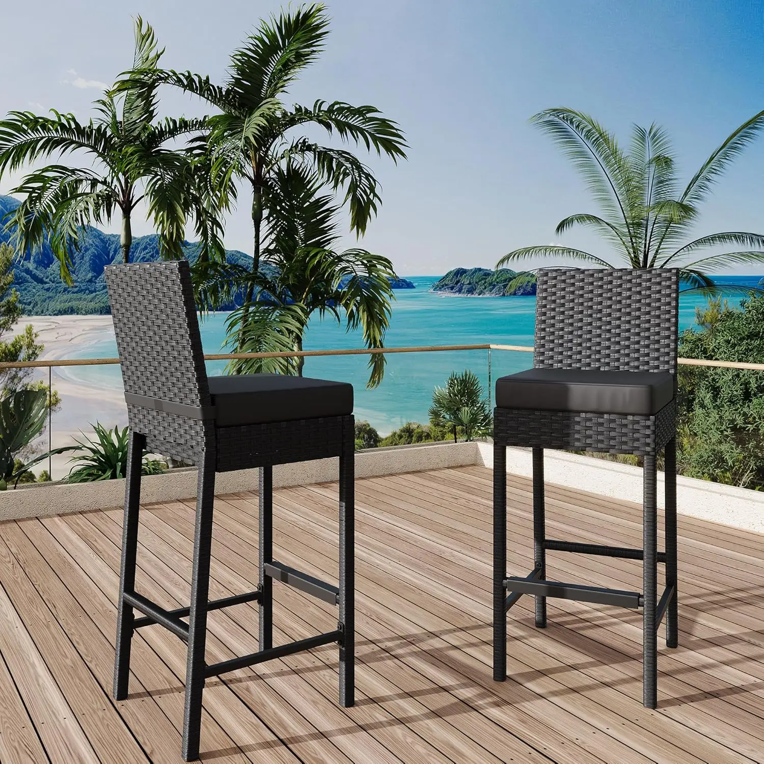 

Rattan garden bar stool set, 2-piece – with seat cushions, adjustable armrests, bar-height stools for patio, balcony & garden