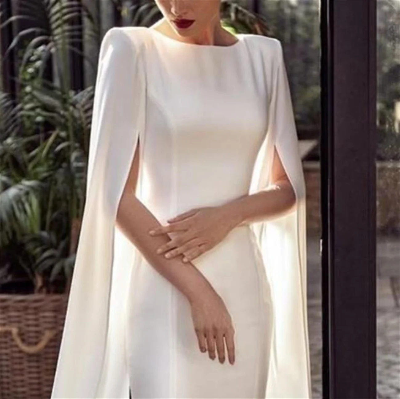 Mermaid White Wedding Dress Simple Crewneck Cape Long Sleeve Evening Gown Elegant Spring/Autumn Satin Long Dress 2024 New Custom