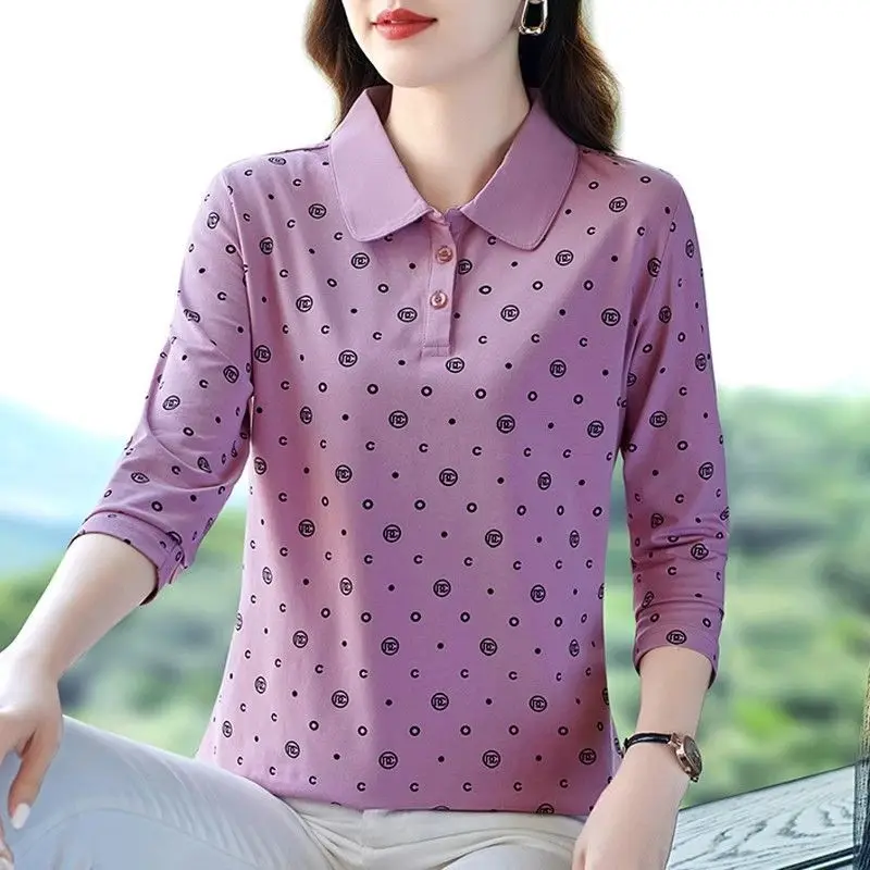 

Spring Autumn Turn-down Collar Women's Pullover Geometric Long Sleeve Button Contrast Color T-shirt Elegant Casual Classic Tops