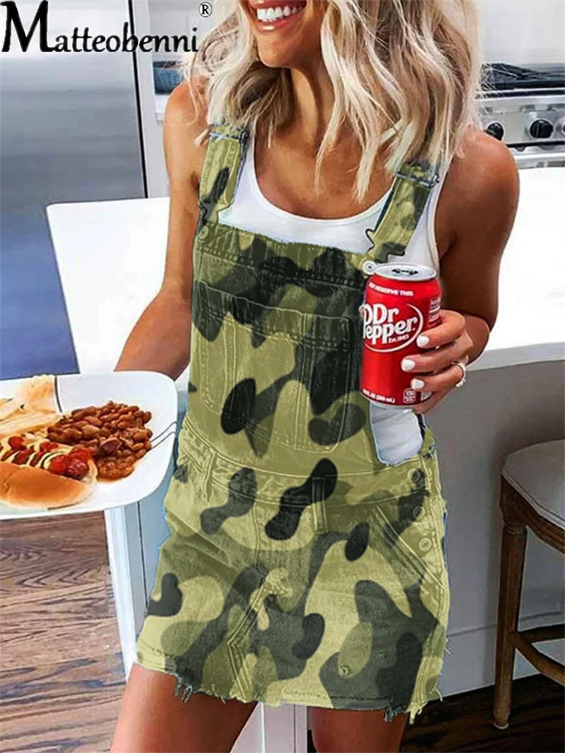 Fashion Women Summer Casual Loose Jumpsuits Patchwork Design Pockets Decor Sling Sleeveless Flower Print Denim Overalls Skirt