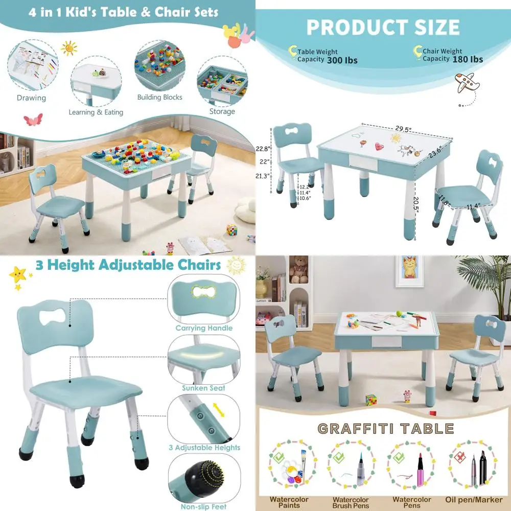 

4-in-1 Kids Table and Chairs Set, Storage Included, Ideal for Ages 3-10, 29.5 x 23.6, Double-Sided Tabletop, Grayish Blue