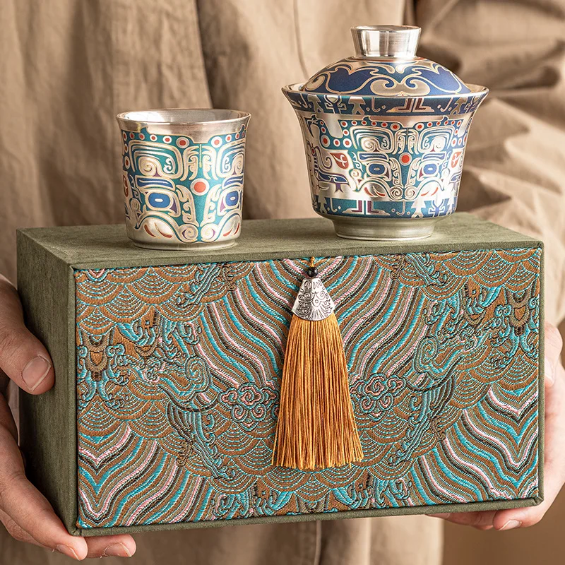 

Taotie pattern Kung Fu tea set gift box small set, high-end silver cover bowl teacup with hand gift, business gifts for elders