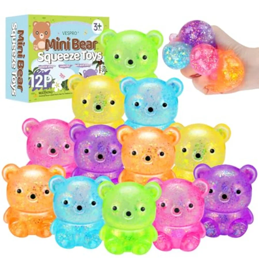 12Pack Fidget Toys Squishy Cute Bear Squeeze Ball, Bulk Squishy Fidget Squeeze Play Toys Pull Stretch Classroom Prize Party Fav