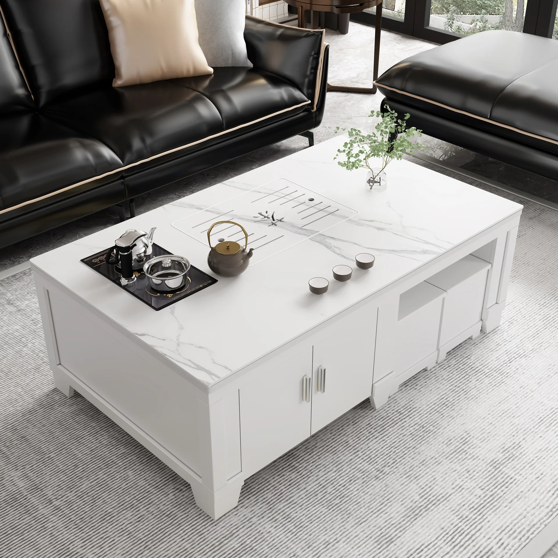 

New Chinese rock slab Kung Fu tea table with refrigerator integrated tea set light luxury tea making living room