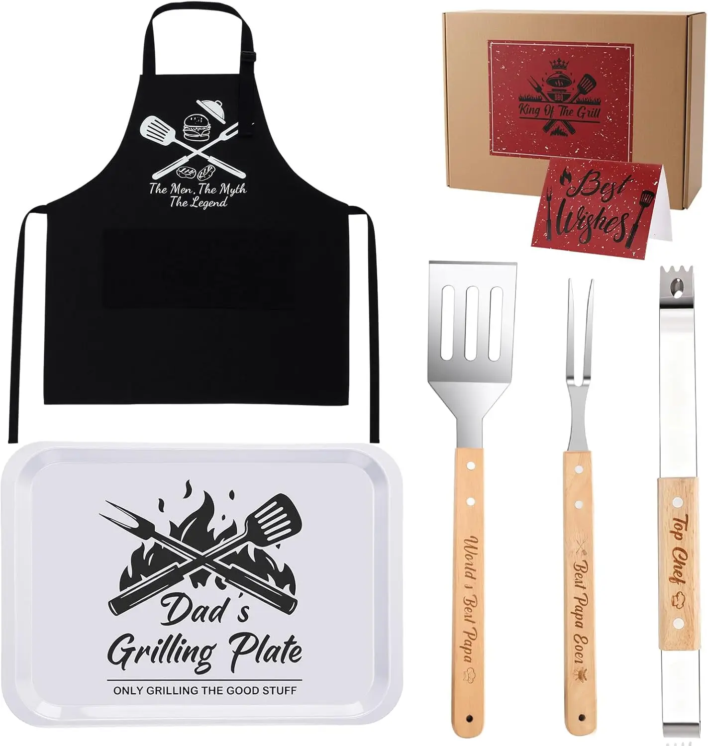 

7 Pcs Birthday Gifts Set for Dad from Daughter Son, BBQ Grilling Tray Platter with Apron Tongs Fork Spatula Set Funny Va