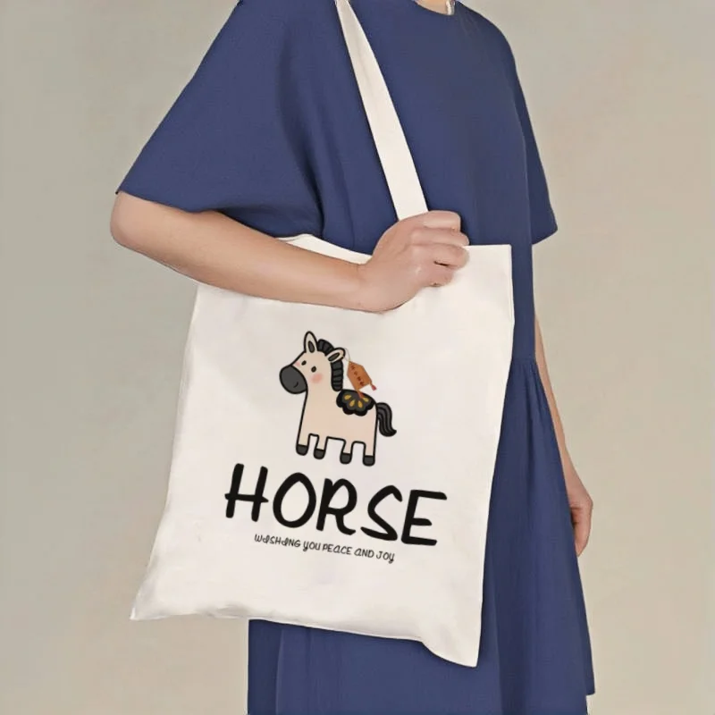 

1pc Cute Cartoon Horse Print Canvas Tote Bag, Casual Shoulder Shopper, Reusable Daily Carry Bag
