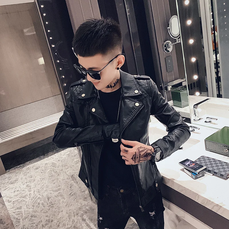 

Slim Fit Biker Jaet Street Dance Sle Men's Clothing XS Size PU Leather Jaet Youthful Energy Autumn Faion Trend