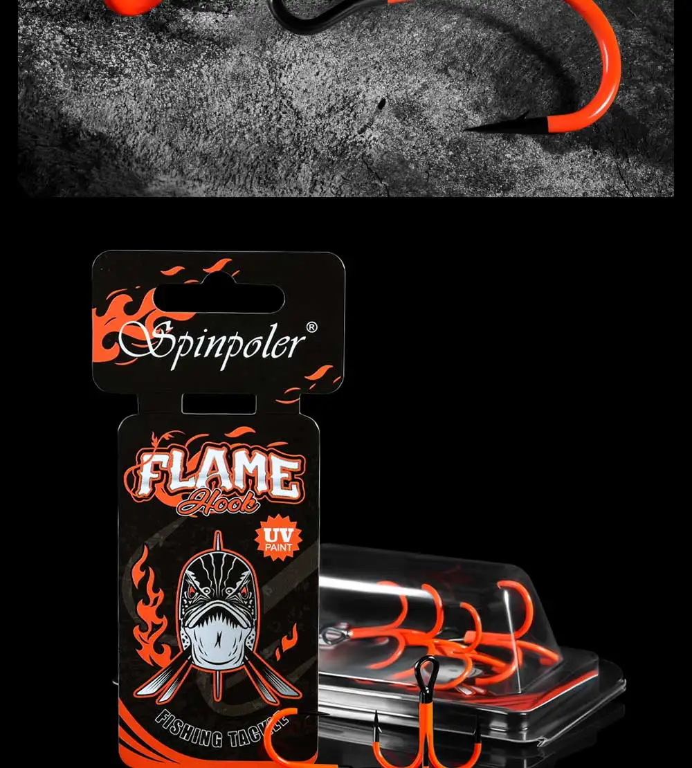 Spinpoler Flame Treble Hook UV Orange/Green Coated Point Treble Hooks 2X Strong Black Nickel Soft Lure Swimbait Pesca Tackle