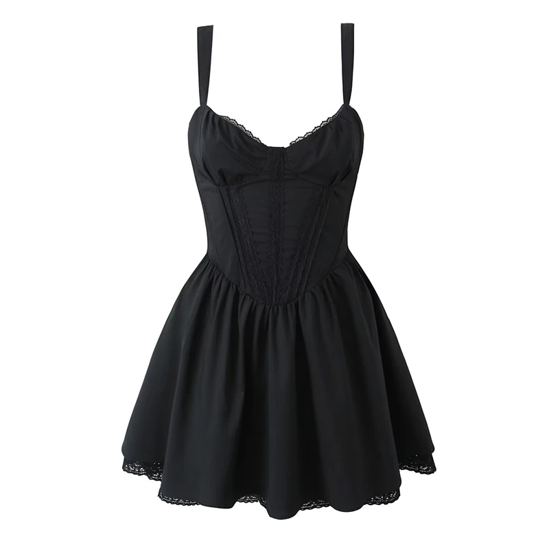 Keyanketian verão novas mulheres sem costas arco decoração deslizamento vestido xshape chique renda em camadas babados fino cinta de espaguete mini vestido