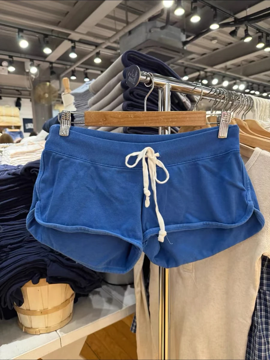 Damskie szorty sportowe w stylu vintage, niebieskie, ze sznurkiem, elastyczna talia, luźne, typu boxerki, streetwear, modne, codzienne, nowe.