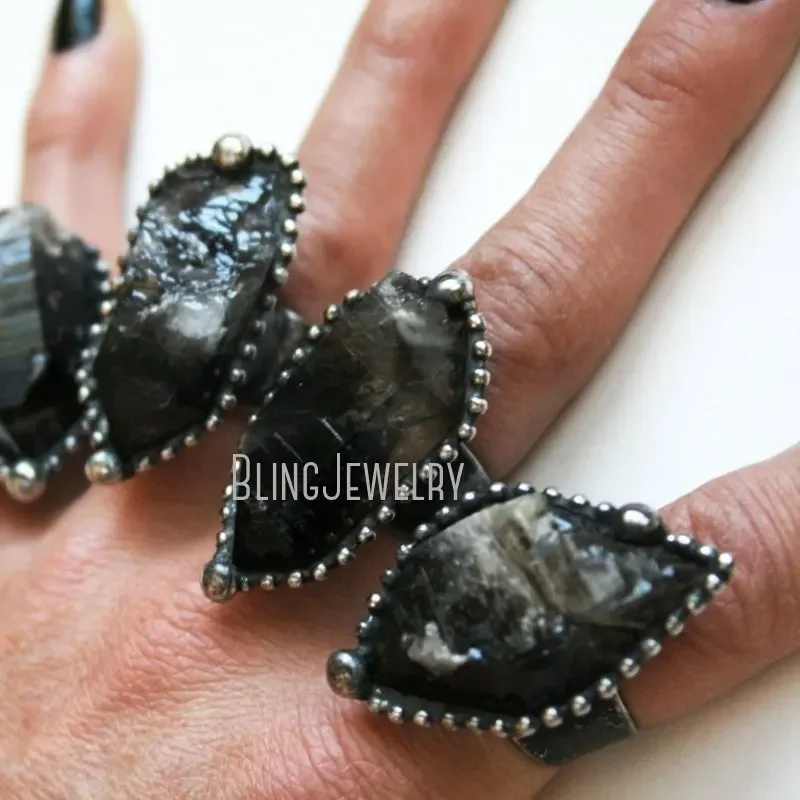 Retro Black Smoky Quartz Crystal Statement Couple Ring Gothic Witch Wicca Boho Women Men Stainless Steel Jewelry Halloween