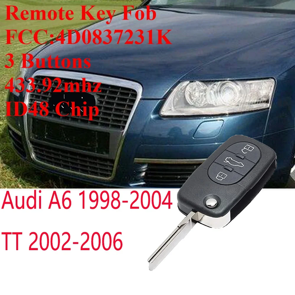 4D0-837-231K Keyecu Remote Car Key Fob 433MHz For Audi A6 1998 1999 2000 2001 2002 2003 2004 Audi TT 2002-2006 4D0837231K