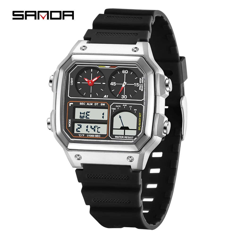 SANDA 6257 Sports Men Wrist Watch Gifts reloj hombre Fashion Electronic Watches for Man Calendar Luminous Waterproof Steel Strap