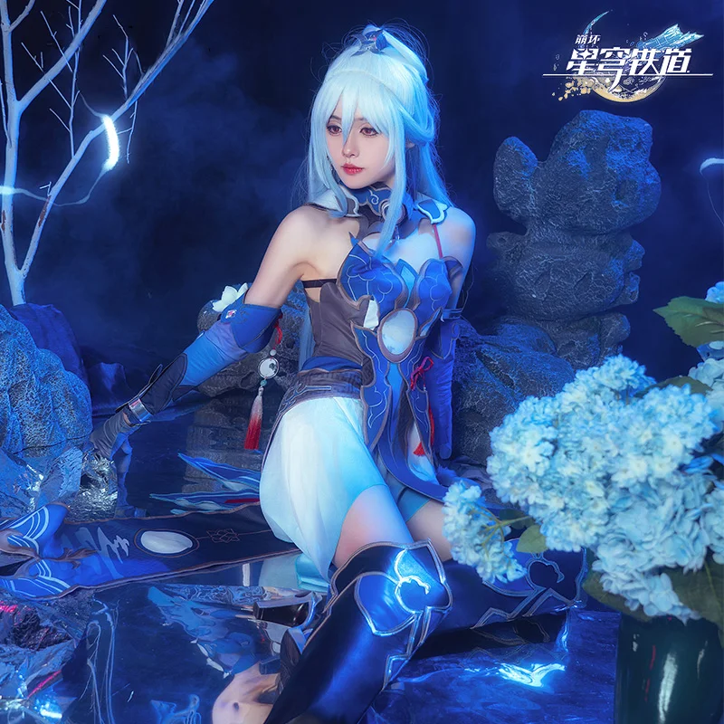 The Game Honkai Star Rail cos Jingliu Tube top lotus flower Slim fairy Dress Female Cosplay B