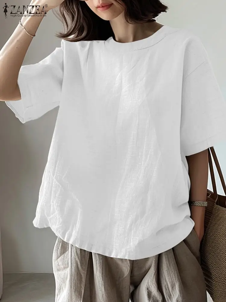 ZANZEA Harajuku Loose Women Blouse Korean Casual Short Sleeve Tops 2024 Summer Round Neck Tunic All-match Solid Oversized Blusas