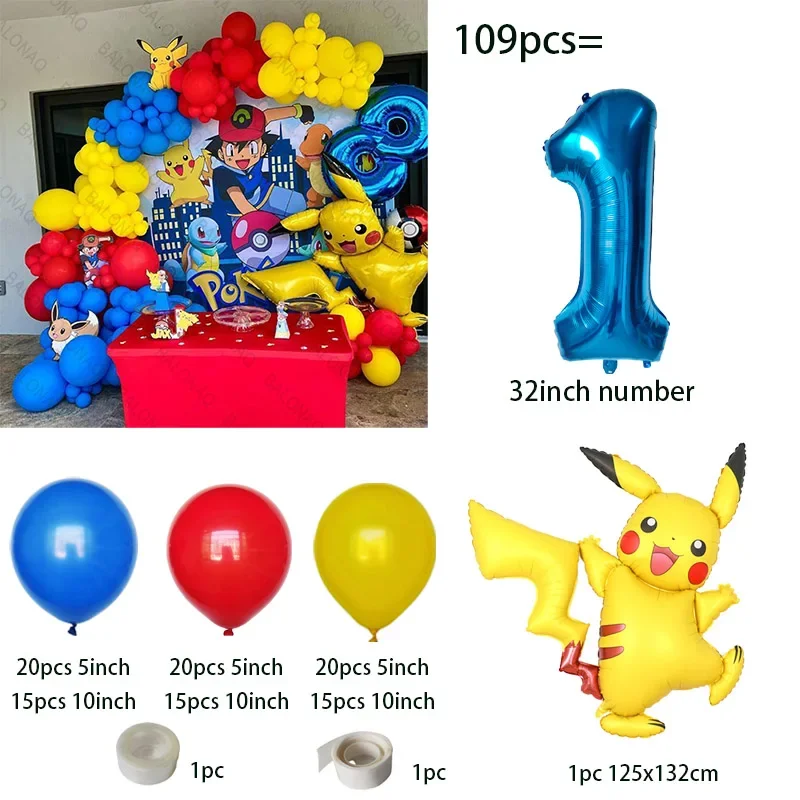 109 Stück Pokemon Pikachu Thema Geburtstagsballon Stehend Pokemon Babyparty Globos Kinder Erster Geburtstag Dekorationszubehör
