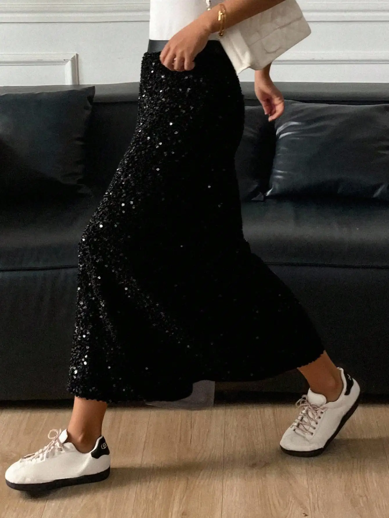 Falda Midi Negra con Lentejuelas para Mujer, Falda Brillante con Corte Acampanado para Fiesta o Uso Casual