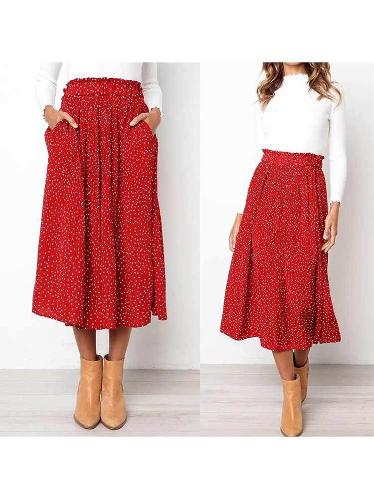 White Dots Floral Print Pleated Midi Skirt Women Elastic High Waist Side Pockets Skirts Summer Elegant Female Bottom