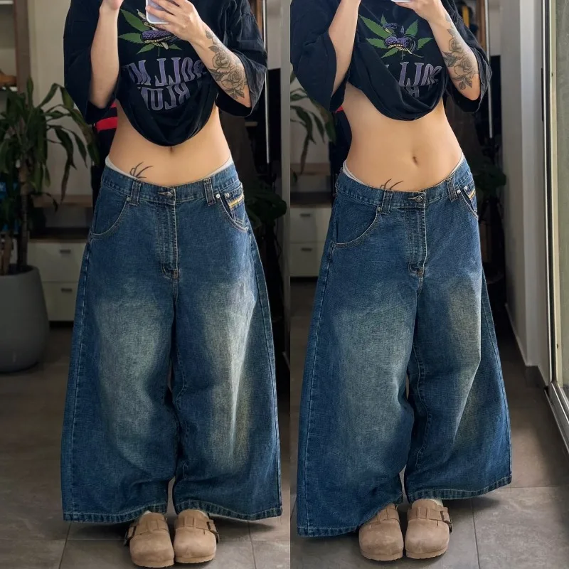 

American Fashion New Blue Solid Color Washed Casual Jeans Women Y2K Gothic Rock Popular Baggy Wild High Waist Wide Leg Pants