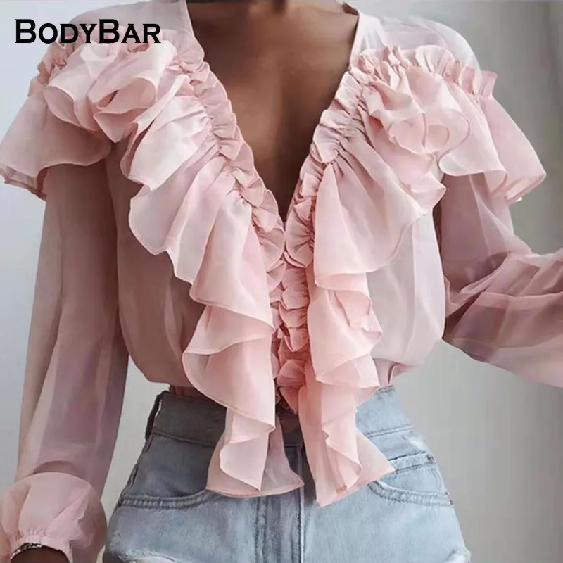 

Female Office Chic Shirts Clothing 2021 Long Sleeve Loose Blousa Sexy Lace Up Deep V Casual Tunics Shirt Lace Chiffon Blouse Tee