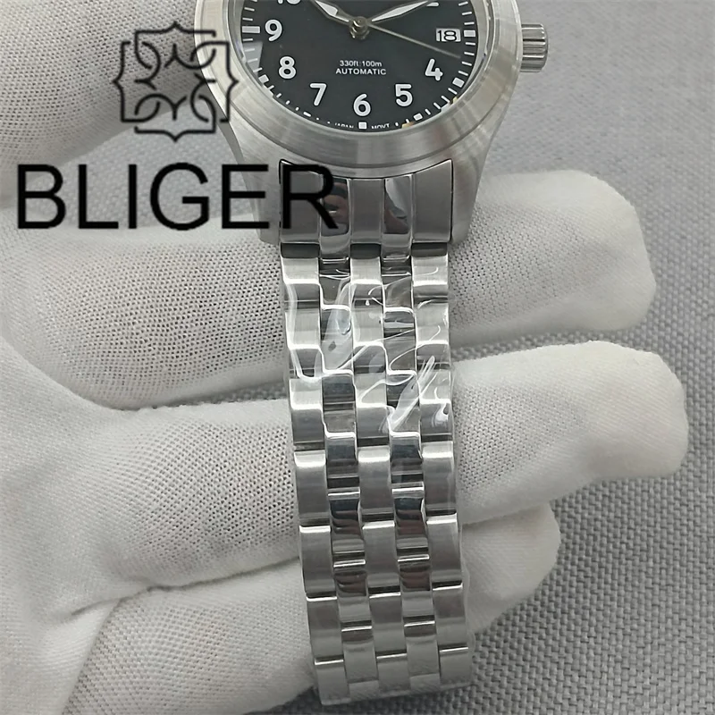 BLIGER 36mm/39mm Dive Pilot Watch For Men Brushed Bezel Domed Sapphire Crystal NH35 Automatic Movement Waterproof Steel Bracelet