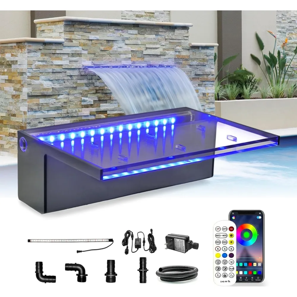 Waterfall Spillway APP Control Multi-Color LED Light Outdoor Pool Fountain, Acrylic Water Spillway Koi Pond Waterfalls Fountains