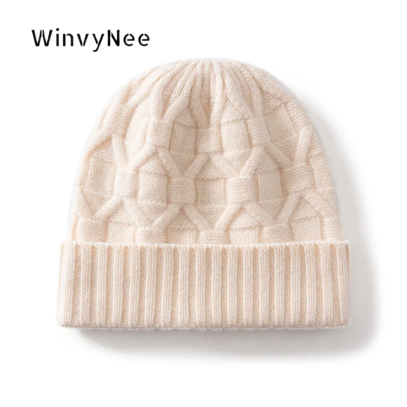 WinvyNee Women 100% Wool Textured Diamond Knit Turn Up Hat Beanie Bonnet Autumn Winter Thick Warm Soft Elastic Headgear I1883043