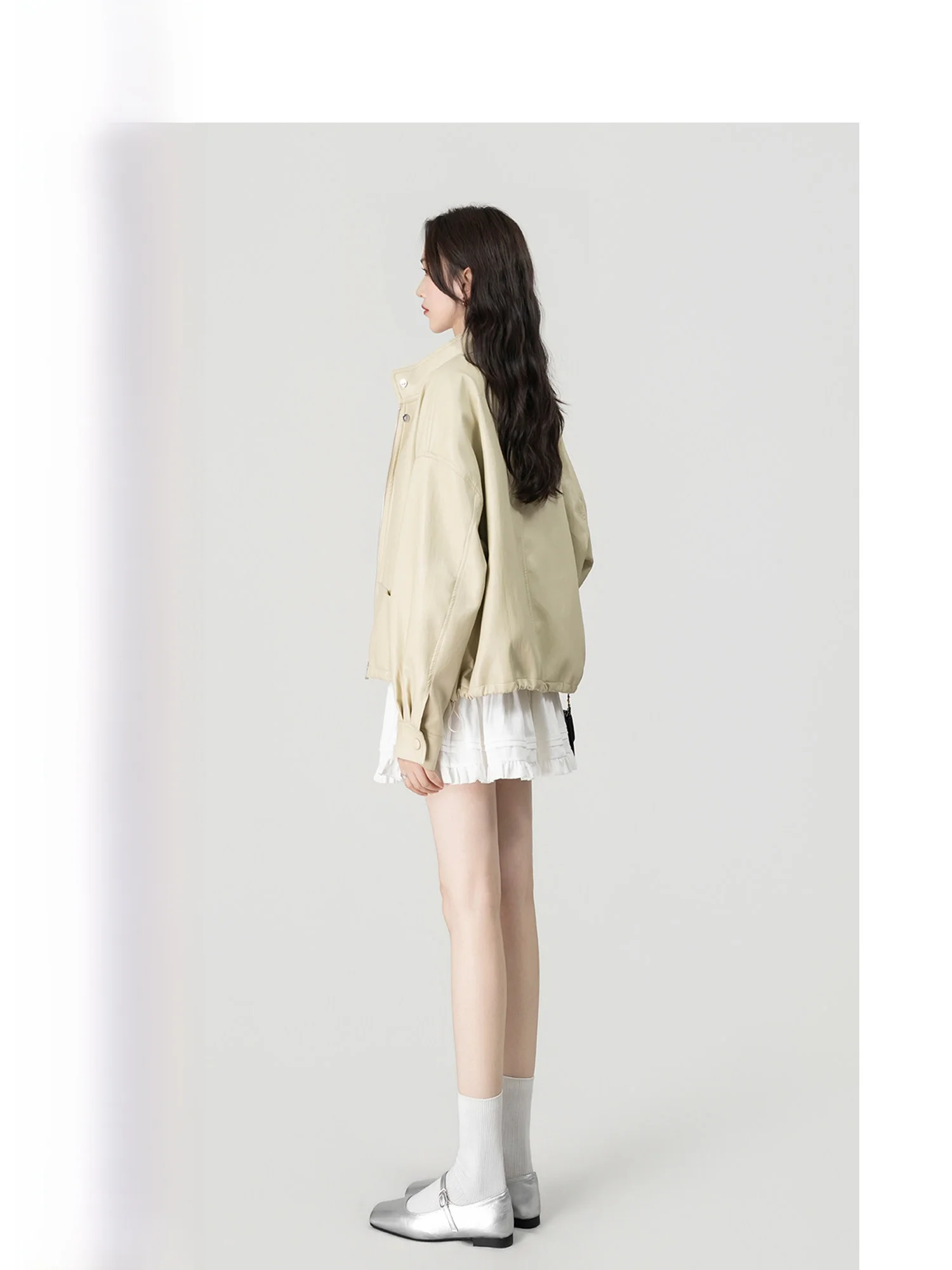 

Женская кожаная куртка свободного кроя Wavy Egg, весенняя повседневная укороченная верхняя одежда с длинными рукавами, стандартной длины