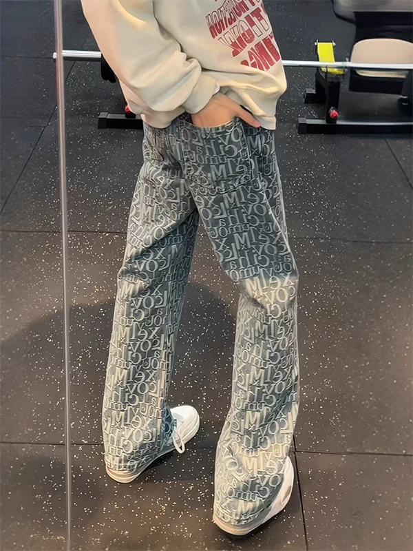 

Light Blue Printed Letter Embroidery Jeans Men's Style Slim Fit American High Street Spring Trendy Bend Knife Flared Pants