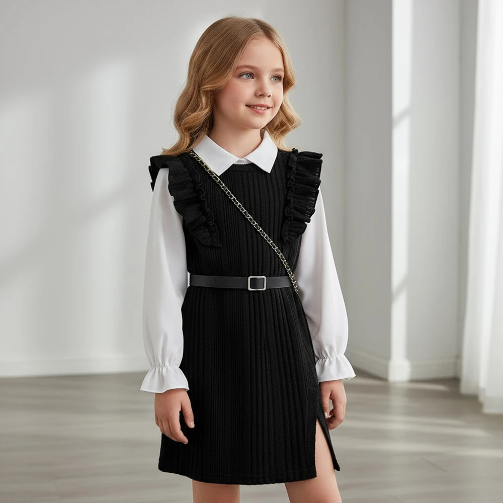 

2Pcs Set Child Girls Clothes Suit Spring Fall Long-Sleeve Shirt + Slit Knit Vest Dress, Belted Waist, Black School Party Outfits