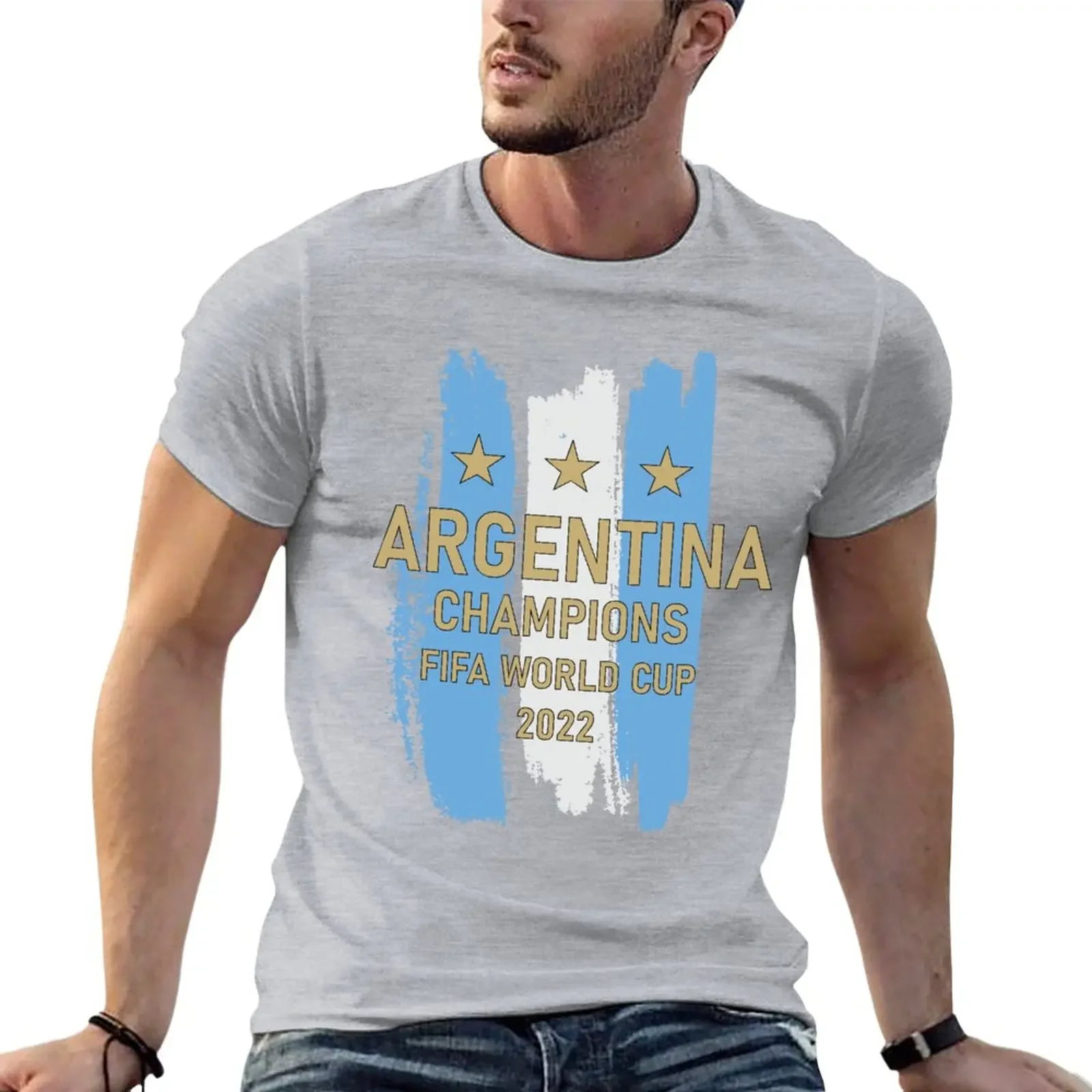 Argentina Champion 3 stars T-Shirt Tee vintage clothes korean fashion for men pack heavyweight Round Neck manga anime Informal