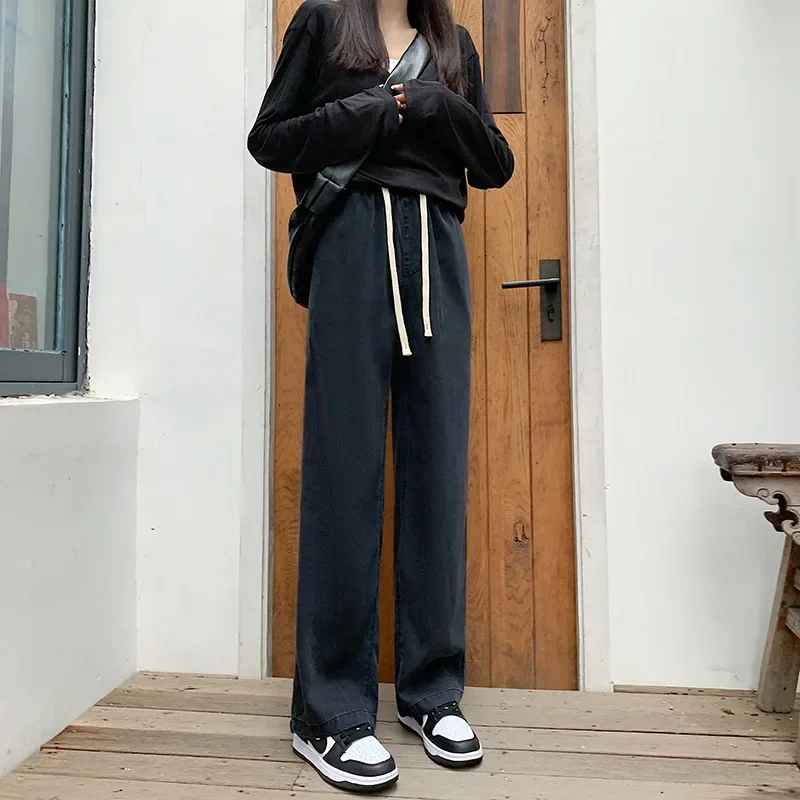 กางเกงยีนส์ขากว้าง Lyocell ของผู้หญิงฤดูใบไม้ร่วงปี 2025 เอวสูงและเน็คไท